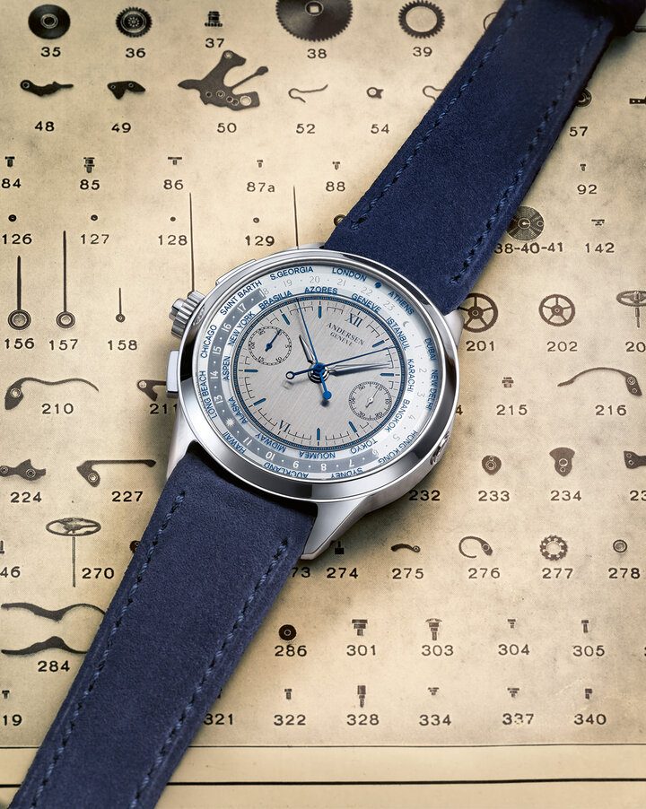The central dial features hour and minute hands, and a classical chronograph display with subdials at 3 and 9 o'clock, for the 30-minute counter and running seconds respectively. Surrounding this are the elements for the worldtime function – a rotating 24-hours ring, and an adjustable city disc in sapphire to denote the 24 time zones. To increase legibility, rather than the usual arrangement of a 24-hour ring encircled by a peripheral city ring, the two are combined, with the 24-hour ring seemingly integrated between the outer and inner tiers of the city disc. 