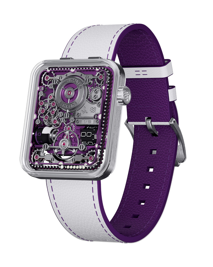 The KWH watch is offered in two case materials: 18k white gold, paired with a nebula purple dial and a moon white/nebula purple strap, or 18k rose gold, paired with a rock grey dial and a rock grey/twilight orange strap. Each version is limited to just 9 pieces worldwide. 