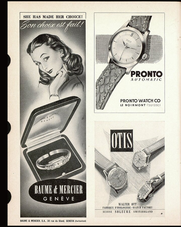 An advert for Baume & Mercier, published in Europa Star in 1952, already emphasises women's watches.