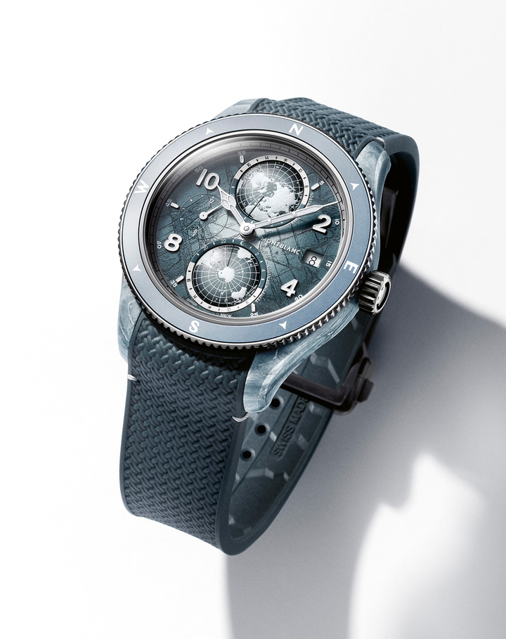 This new model's icy theme is expressed on the dial with a blue-green and light grey sfumato glacier pattern that was created using a special gratté-boisé technique. This time-consuming process takes four times longer than a standard dial to complete and requires over 30 separate steps. 