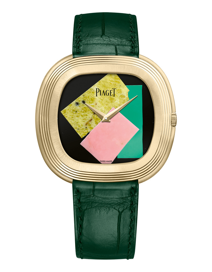 The Andy Warhol Collage watch, Manufacture 501P1 automatic movement. Marquetry dial in onyx, Namibian serpentine, pink opal and chrysoprase. Piaget and the Andy Warhol Foundation unveil a limited edition of 50 pieces, inspired by the artist's collage artworks.