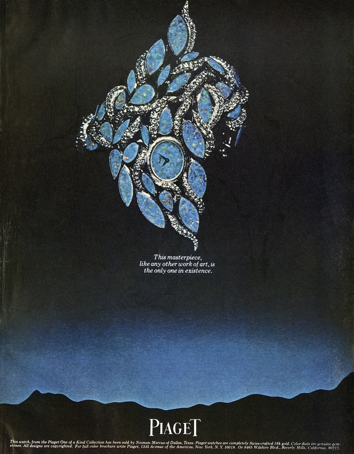 Vintage advertisement for Piaget's Fleur Royale. The use of ornamental stone has remained a defining thread running through the Maison's history.