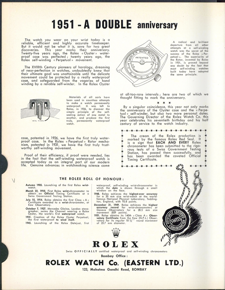 1951: the 25th anniversary of the Oyster case and the 20th anniversary of the Rolex Perpetual self-winding movement in an edition of Europa Star.