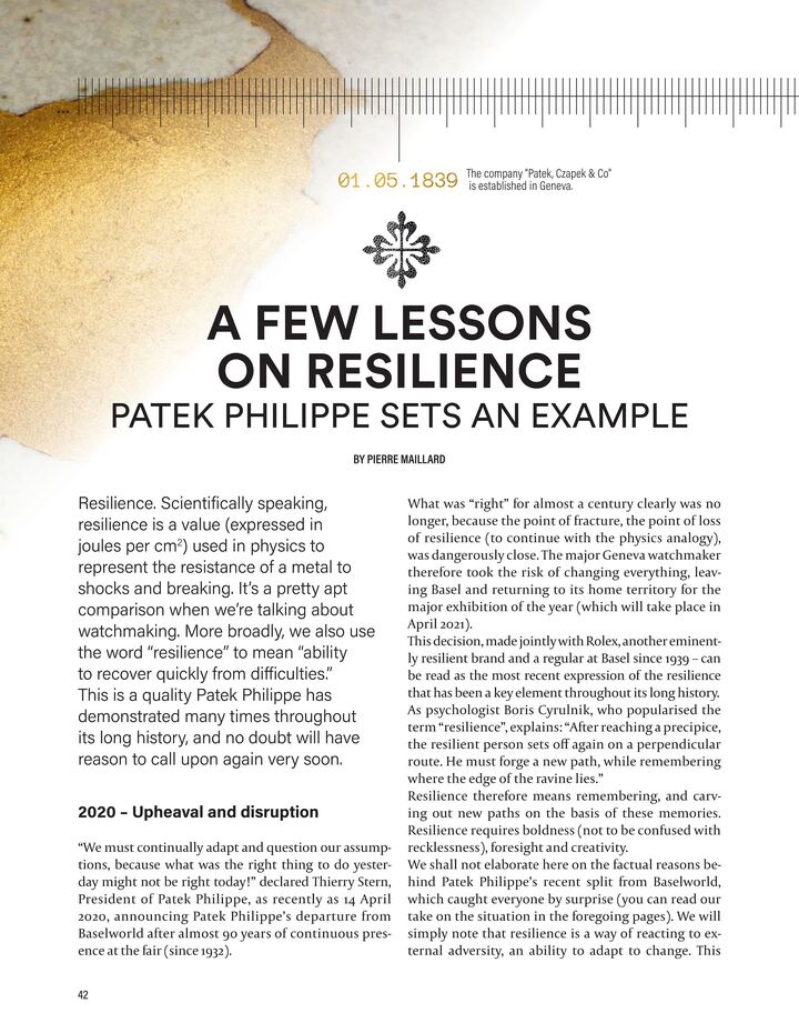An article published in 2020 in Europa Star on Patek Philippe's ‘lessons in resilience'.