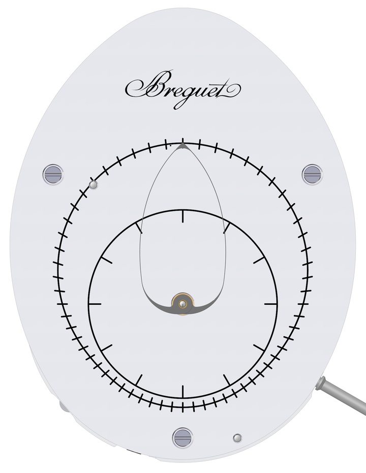 Dial of the prototype with activation based on non-circular gears. It can be seen that the hand completes a non-circular course but does not espouse the contours of the dial. On the basis of these lessons learned, the method chosen to activate the variable-length hand was by a cam, which would allow it to exactly follow the dial's ovoid periphery. To achieve this, the hand had to be larger, and the ratio between the lengths of the two arms during their course nearly 1:2.2, which “exceeds the technical possibilities of non-circular gears”, the upper limit of which is a ratio of 1:1.6.