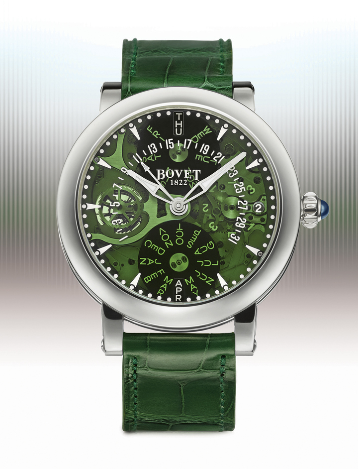 The new sapphire crystal dial showcases the perpetual calendar mechanism to full effect, allowing the wearer to see how everything works without detracting from its primary function – to display essential information. Achieving the perfect balance of colour, transparency and clarity in the sapphire crystal was a challenge, but Bovet has executed it flawlessly.