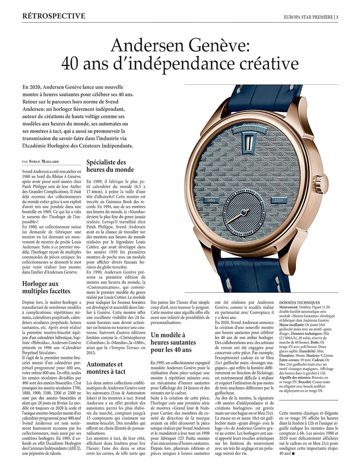 A special jumping hours model for Andersen Genève's 40th anniversary in 2020.
