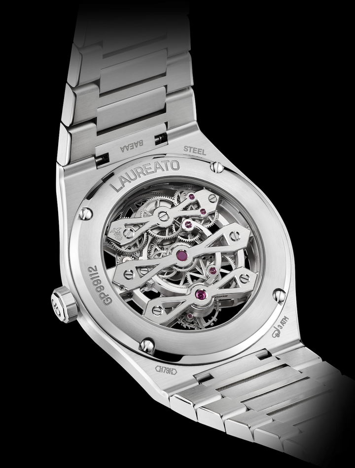 The Laureato Three Gold Bridges is equipped with new in-house Calibre GP9620 featuring sandblasted, circular and straight satin-brushed surfaces, along with no fewer than 418 hand-polished angles, including 362 interior angles.
