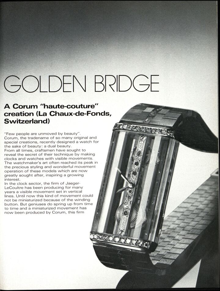 The launch of the Golden Bridge in 1980 in Europa Star. The model is one of the two pillars of Corum's 2026 revival.
