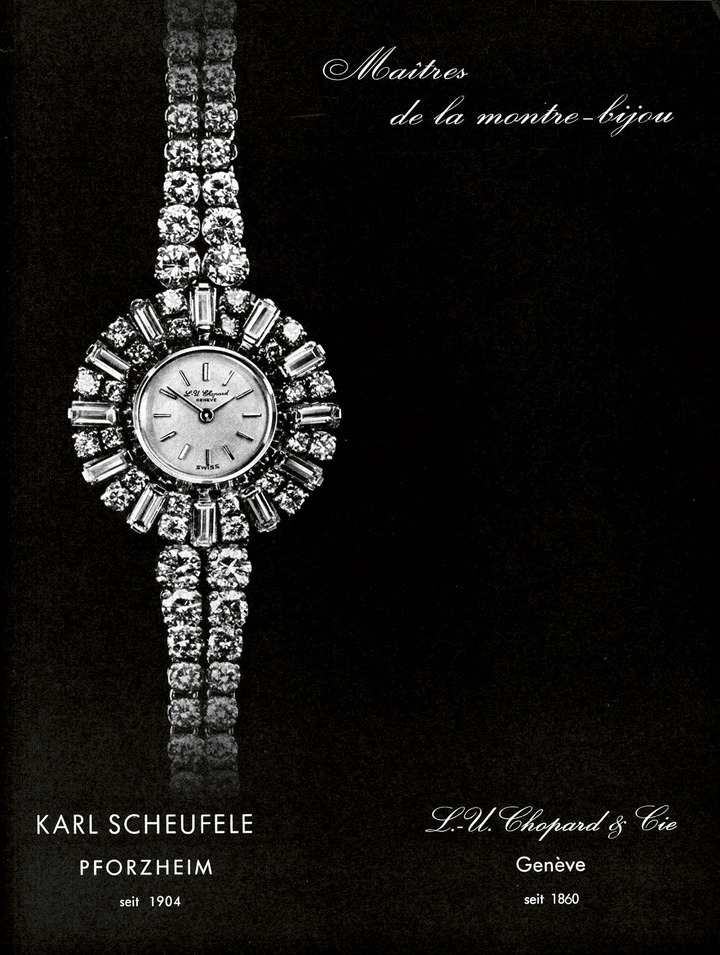 When the Scheufele family moved to Geneva after buying out Chopard in the 1960s, and concentrated on jewellery watches, for a certain time both names were used, as shown in this 1965 archive from the Journal Suisse d'Horlogerie (JSH).