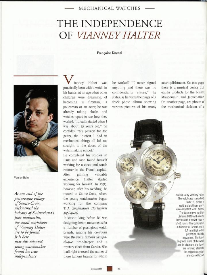 An article on Vianney Halter in Europa Star in 1999