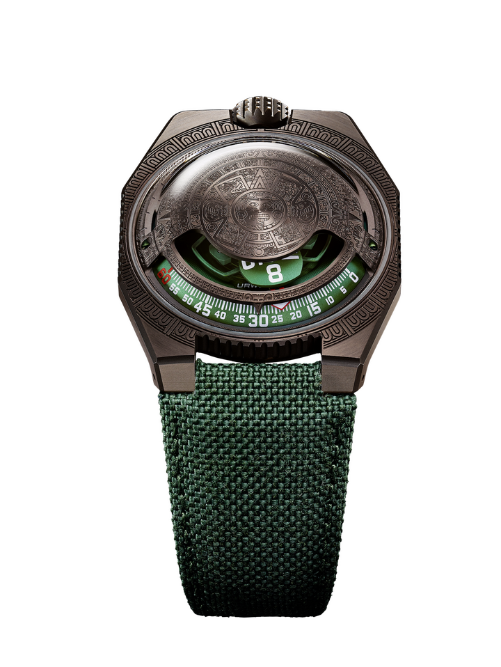 The UR-100V Time & Culture I is inspired by a cosmological calendar engraved on a rock called the Sun Stone, displayed in the Mexico City museum.