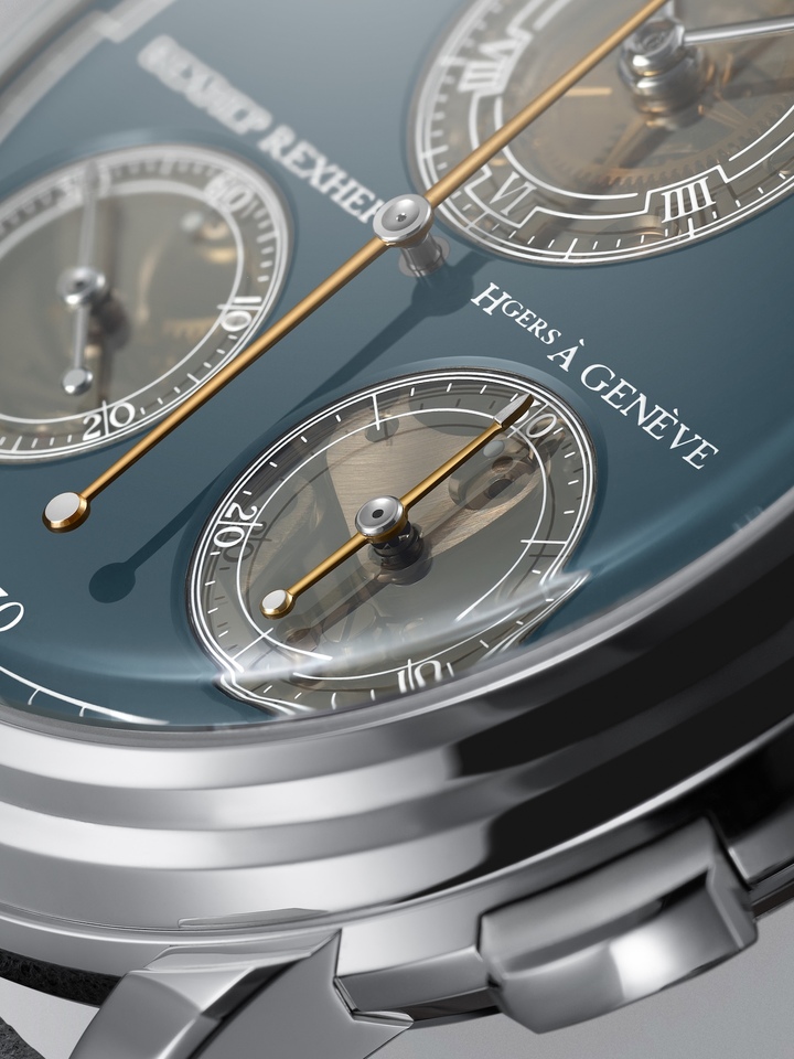 A detail of the all-new RRCHF, the Rexhep Rexhepi Flyback Chronograph, produced entirely within his own workshops, including the platinum case, Grand Feu enamel dial, components, movement and strap.