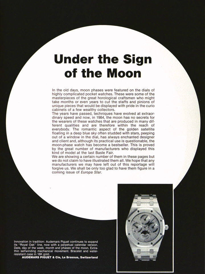 The Royal Oak Perpetual Calendar 25554 featured on the front page of a 1984 Europa Star article on calendar watches. ©Archives Europa Star