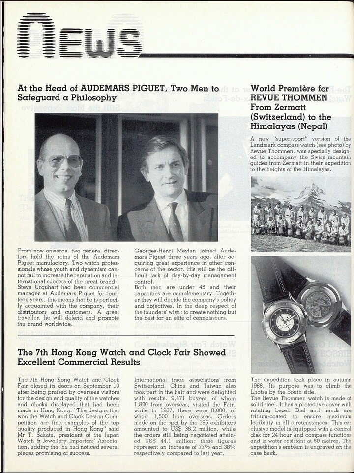 Following the sudden death of Audemars Piguet's legendary director Georges Golay in 1987, Georges-Henri Meylan and Stephen Urquhart took over as co-CEOs of Audemars Piguet, as detailed in this article from Europa Star at the time.