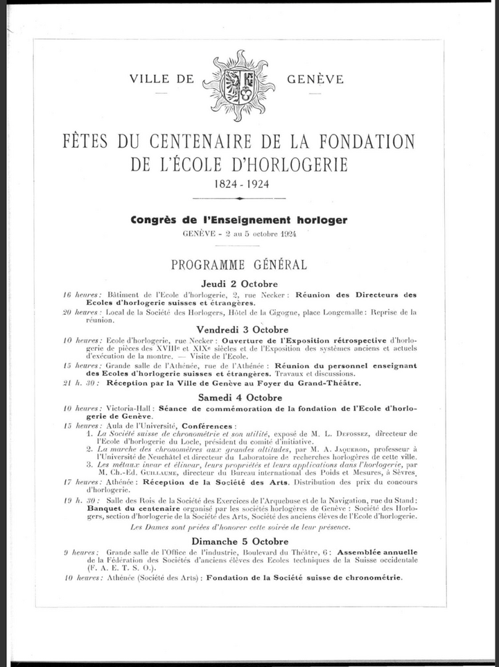 Among the items on the agenda for the centenary of the Geneva Watchmaking School in 1924: the founding of the Société Suisse de Chronométrie (JSH, 1924)