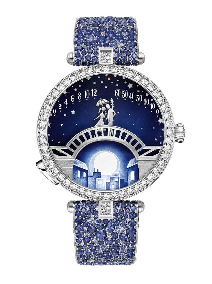 This year, four new watches with precious bracelets enrich the Lady Arpels Pont des Amoureux story, revealing the couple in landscape scenes evoking different moments of the day. In turn, the dials take on colour nuances of dawn, morning, dusk and moonlight.