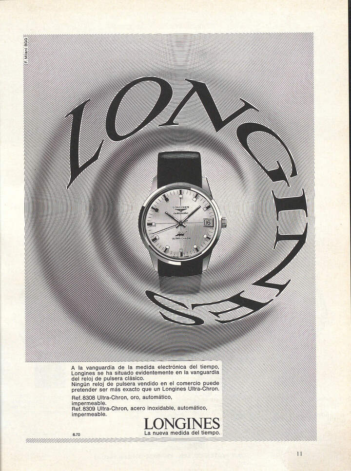 Equipped with the new high- frequency Calibre L430, the 1966 Ultra Chron is the first wristwatch with an automatic movement beating at 36,000 vibrations per hour. It has a power reserve of 42 hours. It takes on Bulova's Accutron, with the same precision of 1 minute per month.