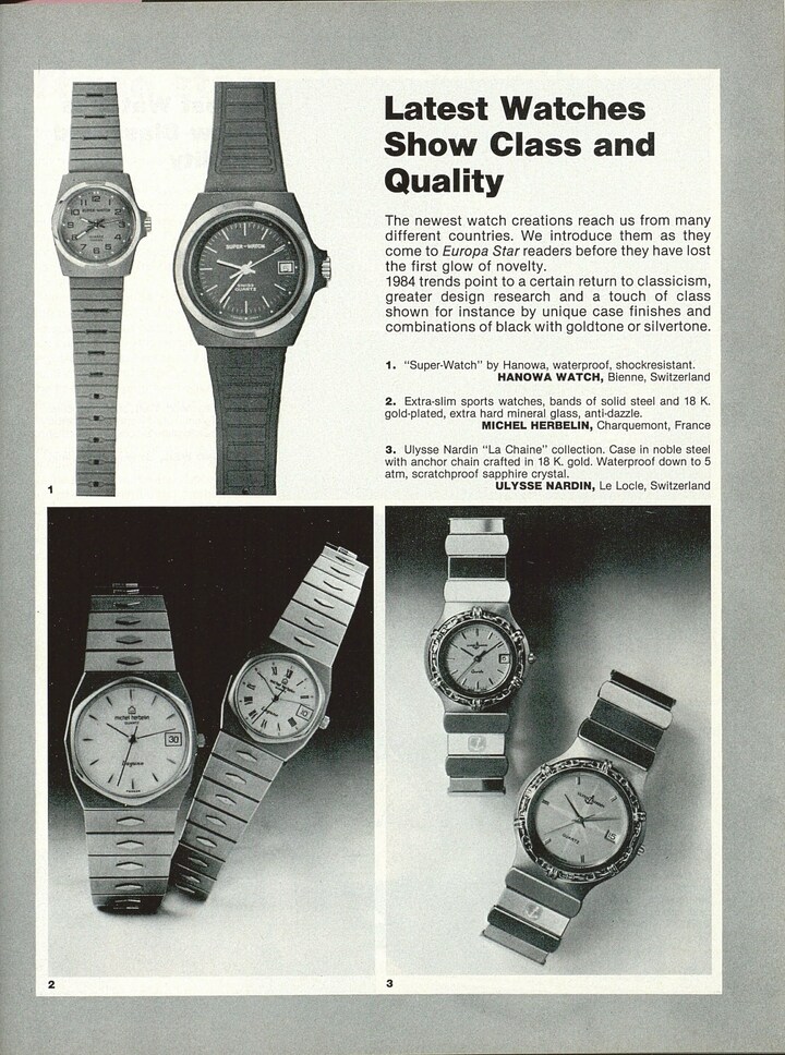 In the 1980s Hanowa began exploring a new segment of robust watches, illustrated by this 1984 feature on the Super Watch. This would lead to the launch, in the 1990s, of a separate brand, Swiss Military, and in 2015 official accreditation by the Swiss armed forces.