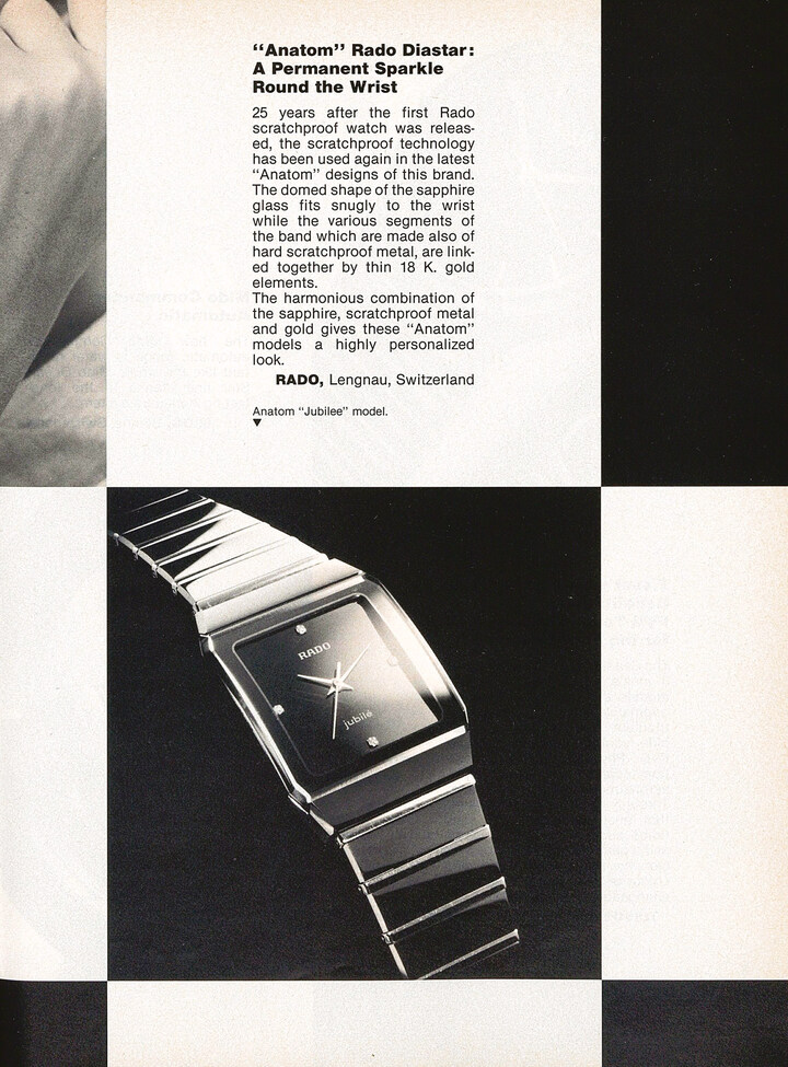 The Rado Anatom in a 1987 edition of Europa Star. The innovative sapphire crystal mirrors the natural curve of the wrist.