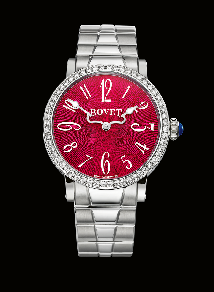 RÉCITAL 12 36MM: Case Dimier case. 36mm diameter, 9.15mm thick. Stainless-steel case with sapphire crystal. Bezel set with 56 brilliant-cut diamonds (approx. 1.08 cts) Dial Raspberry or turquoise lacquered guilloché, or white mother-of-pearl. Hour and minute hands form a heart once an hour Movement High-watchmaking self-winding movement (calibre 11BA15). 11½” diameter. 91 components including 25 jewels. 28,800 vph/4 Hz frequency. 42-hour power reserve Functions Hours, minutes Water Resistance 30m Strap Interchangeable steel bracelet/alligator strap.