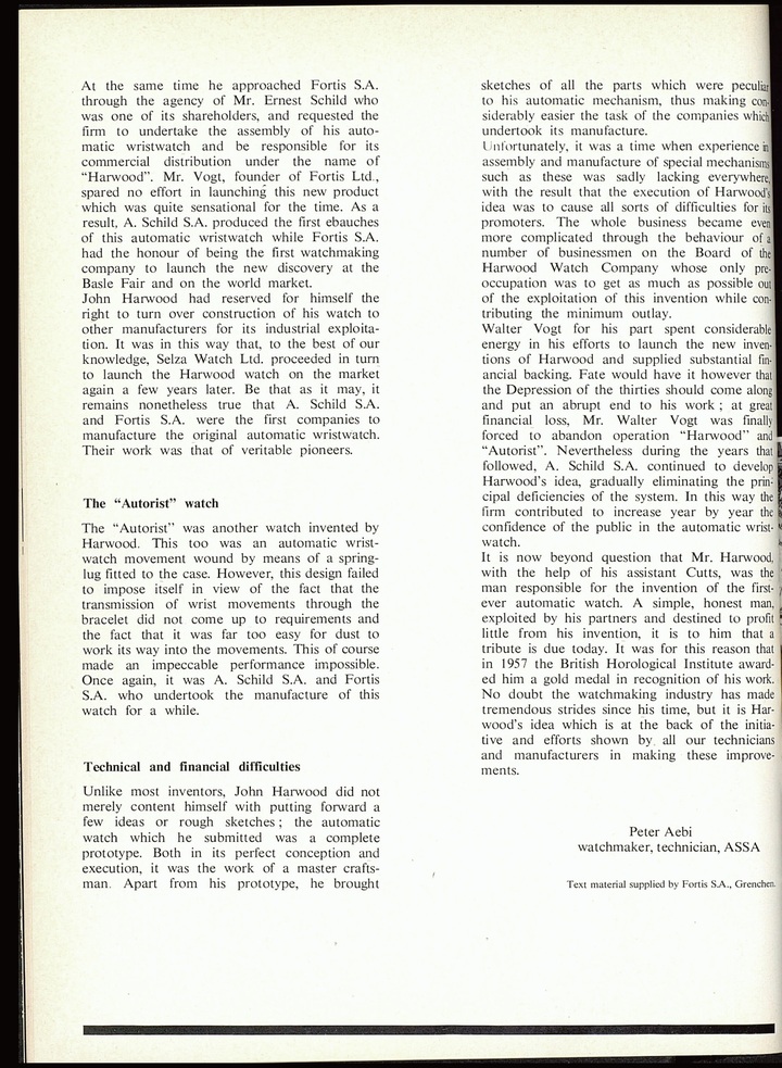 After John Harwood's death, Europa Star published this article, in 1966, that retraces the development of the automatic wristwatch and the launch by Fortis, 40 years earlier in 1926, of the Harwood Automatic.