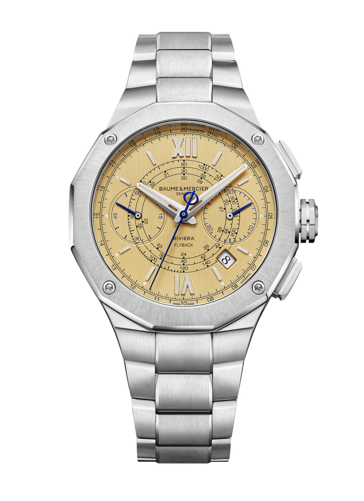 This 41mm flyback chronograph channels a vintage aesthetic in a limited edition of 73, in honour of the year, 1973, the Riviera collection launched. The fine concentric detailing of the chronograph, telemeter and tachymeter subdials is framed by Roman numerals and rhodium-plated indices, with a beige Super-Luminova treatment.