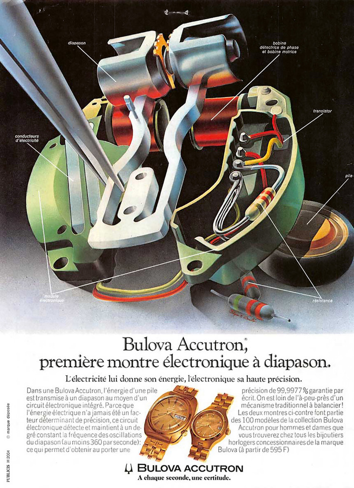 1961: “First electronic watch with tuning fork”. This Bulova advertisement highlights the components of the Accutron movement, offering an unprecedented glimpse to the public of that time and appealing to buyers who wanted to feel ahead of the curve.